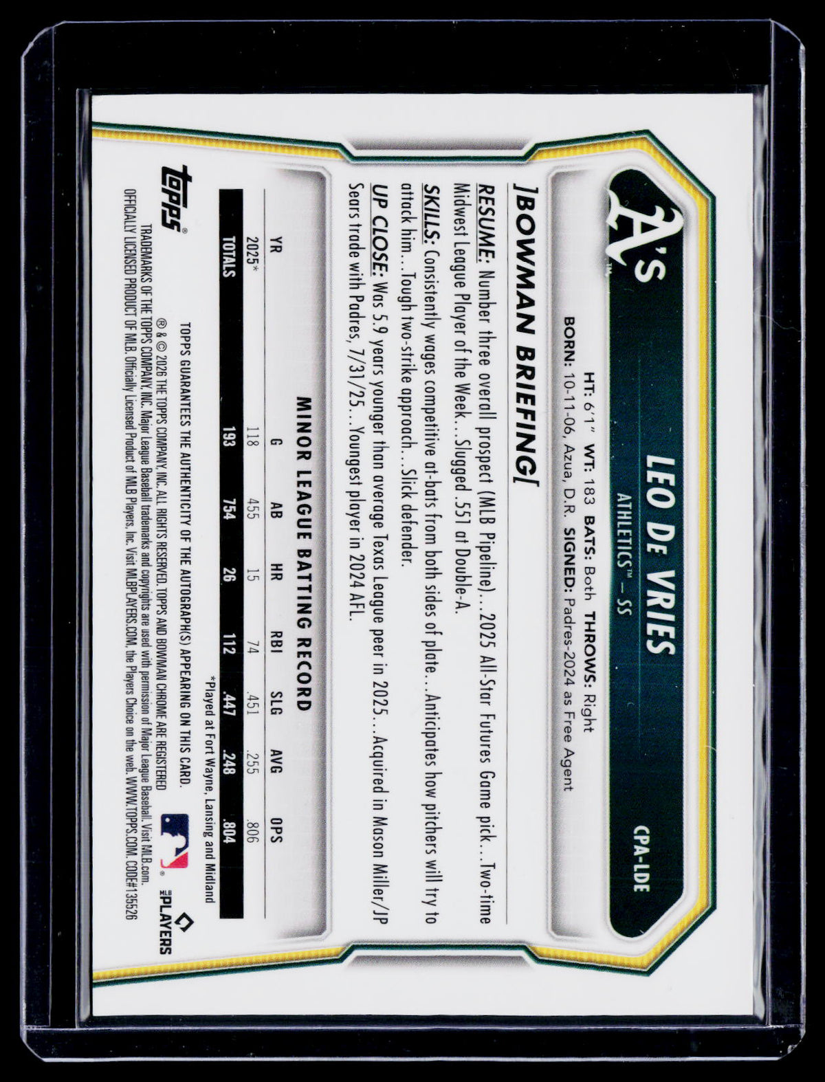 2026 Bowman Leo De Vries Speckle Auto 124/299