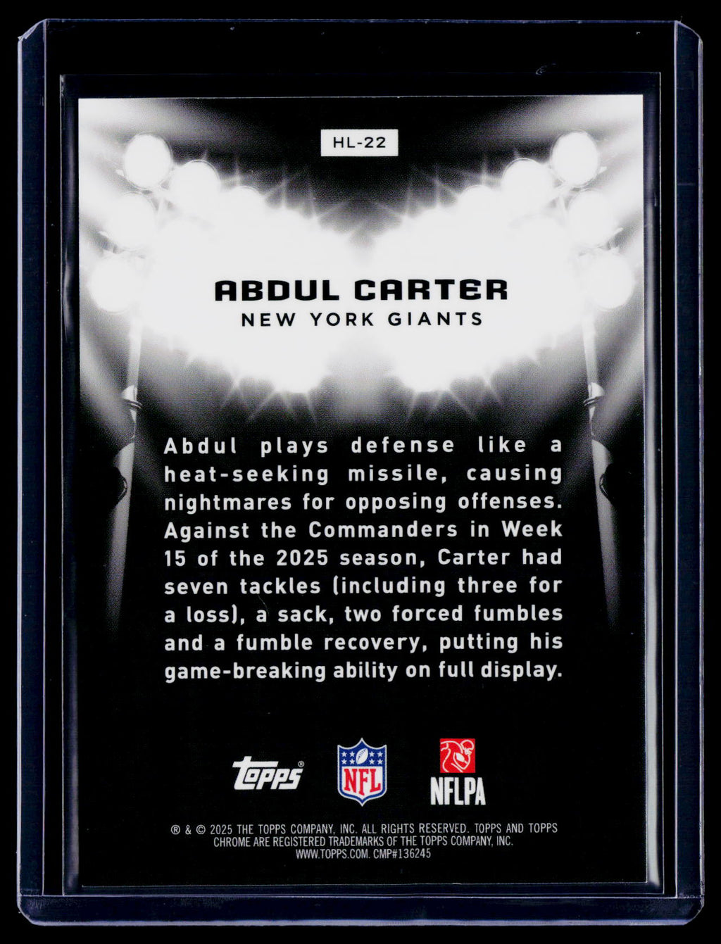 2025 Topps Chrome Black Abdul Carter Rookie Hit The Lights SP RC