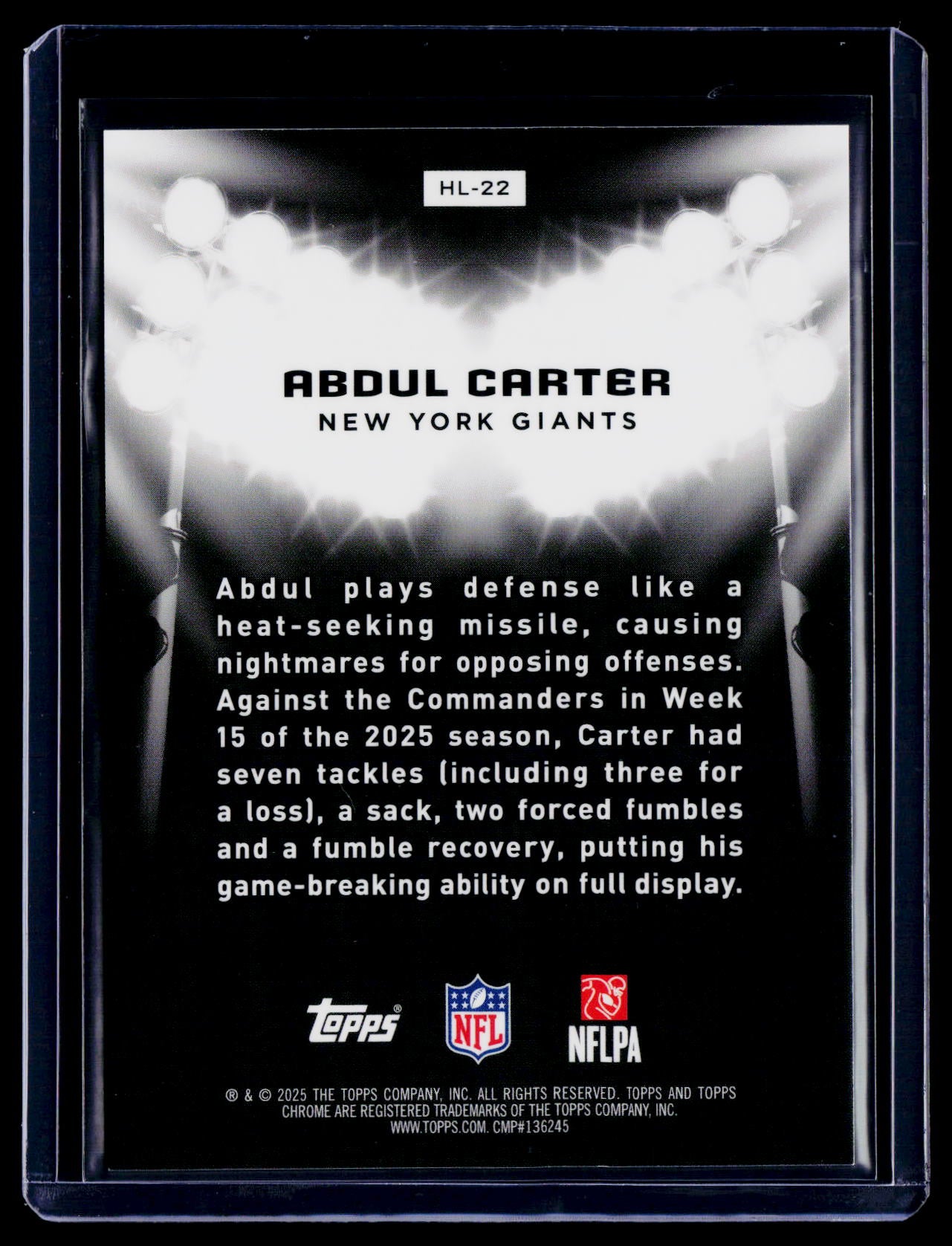 2025 Topps Chrome Black Abdul Carter Rookie Hit The Lights SP RC