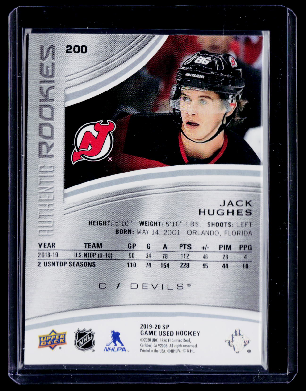 2019-20 SP Game Used Jack Hughes Authentic Rookies 37/201 RC