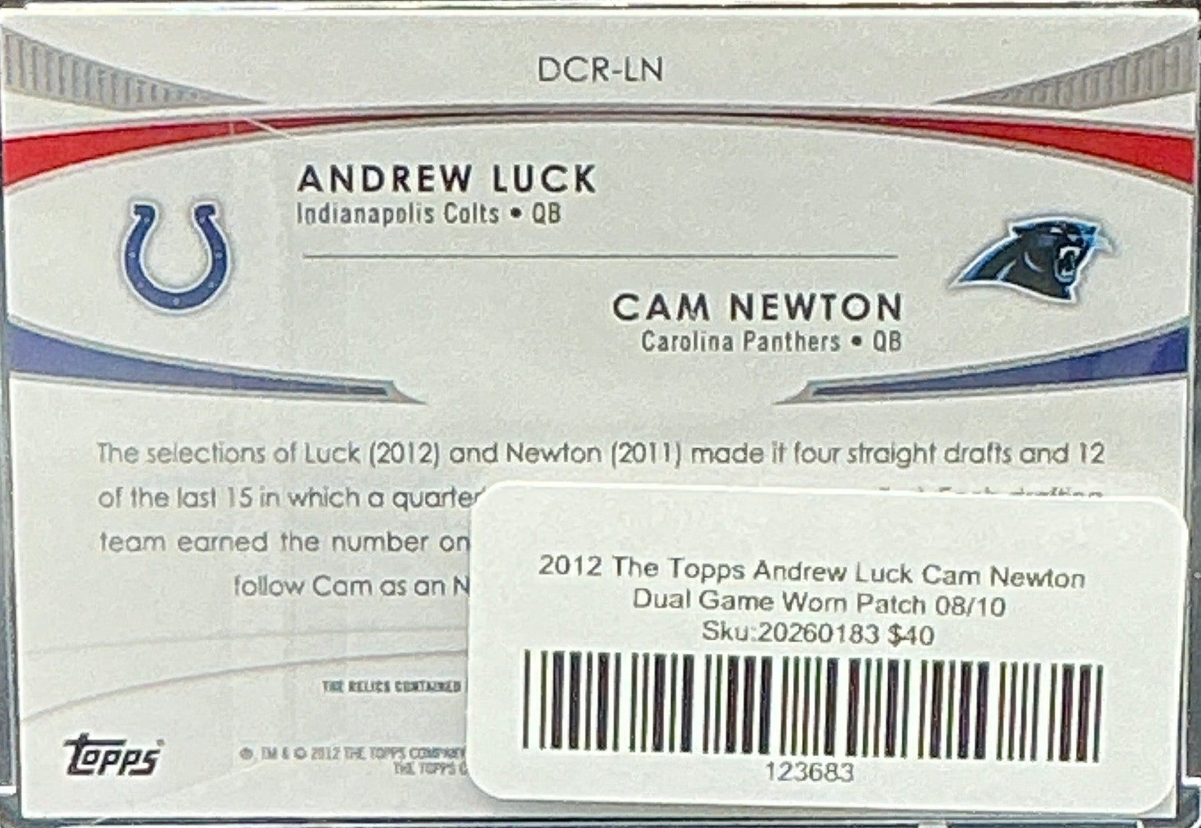 2012 The Topps Andrew Luck Cam Newton Dual Game Worn Patch 08/10