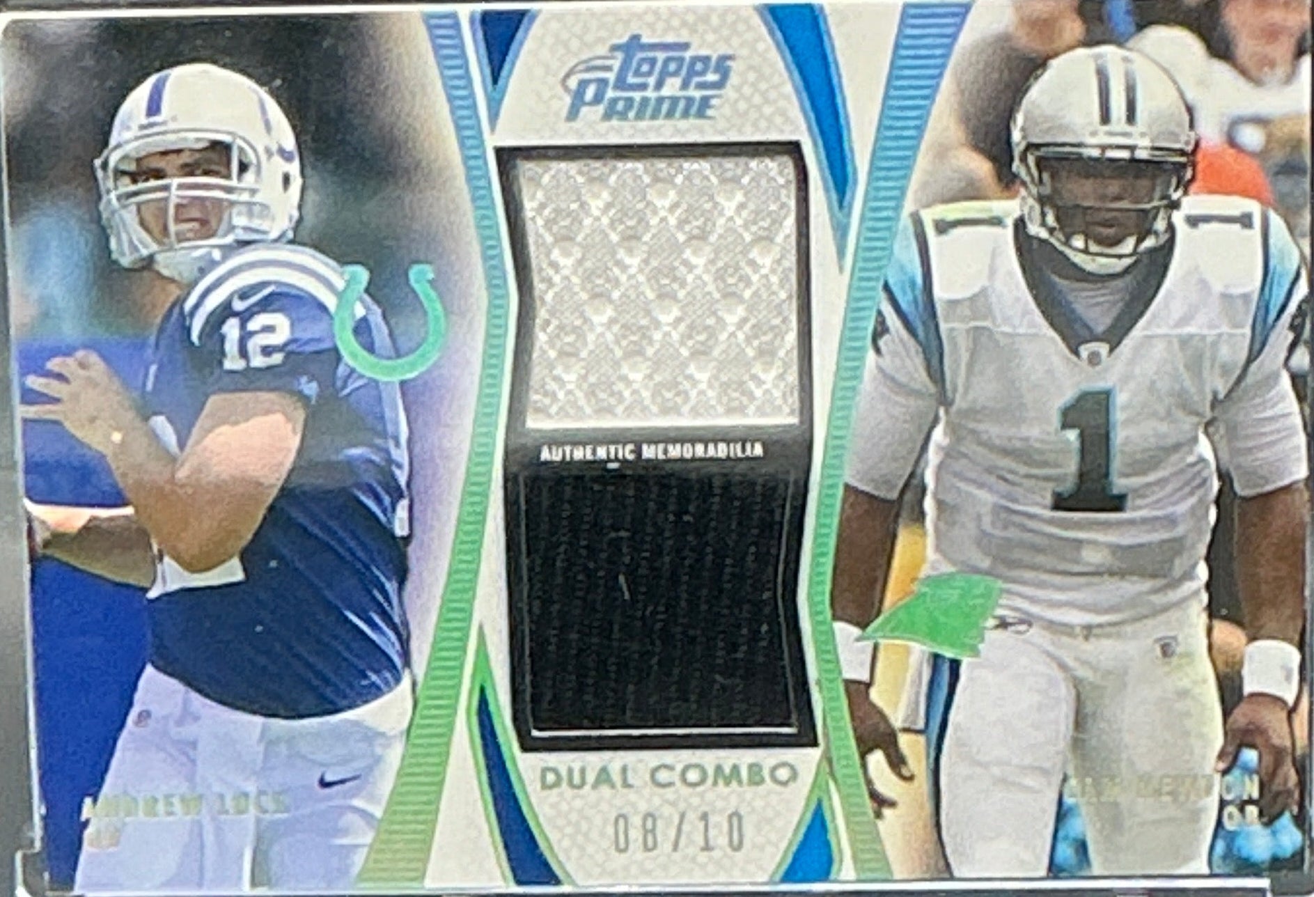 2012 The Topps Andrew Luck Cam Newton Dual Game Worn Patch 08/10