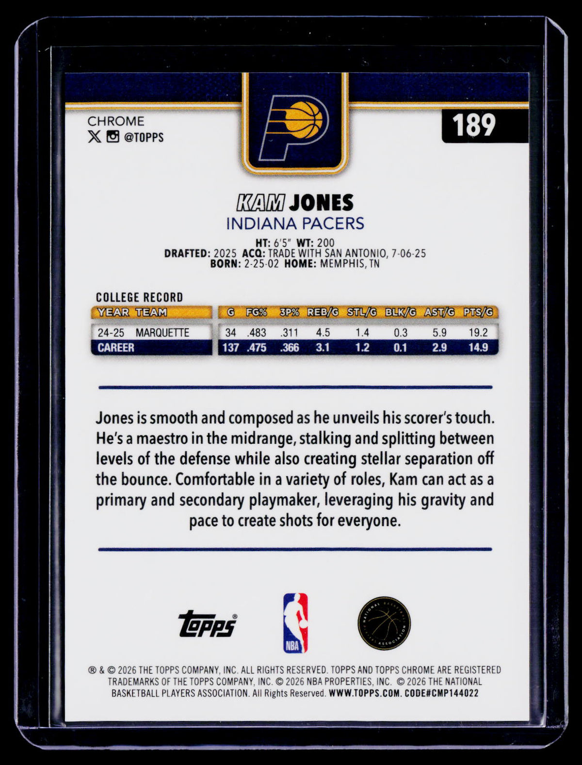 2025 Topps Chrome Update Kam Jones Rookie Gold Geometric 44/50 RC
