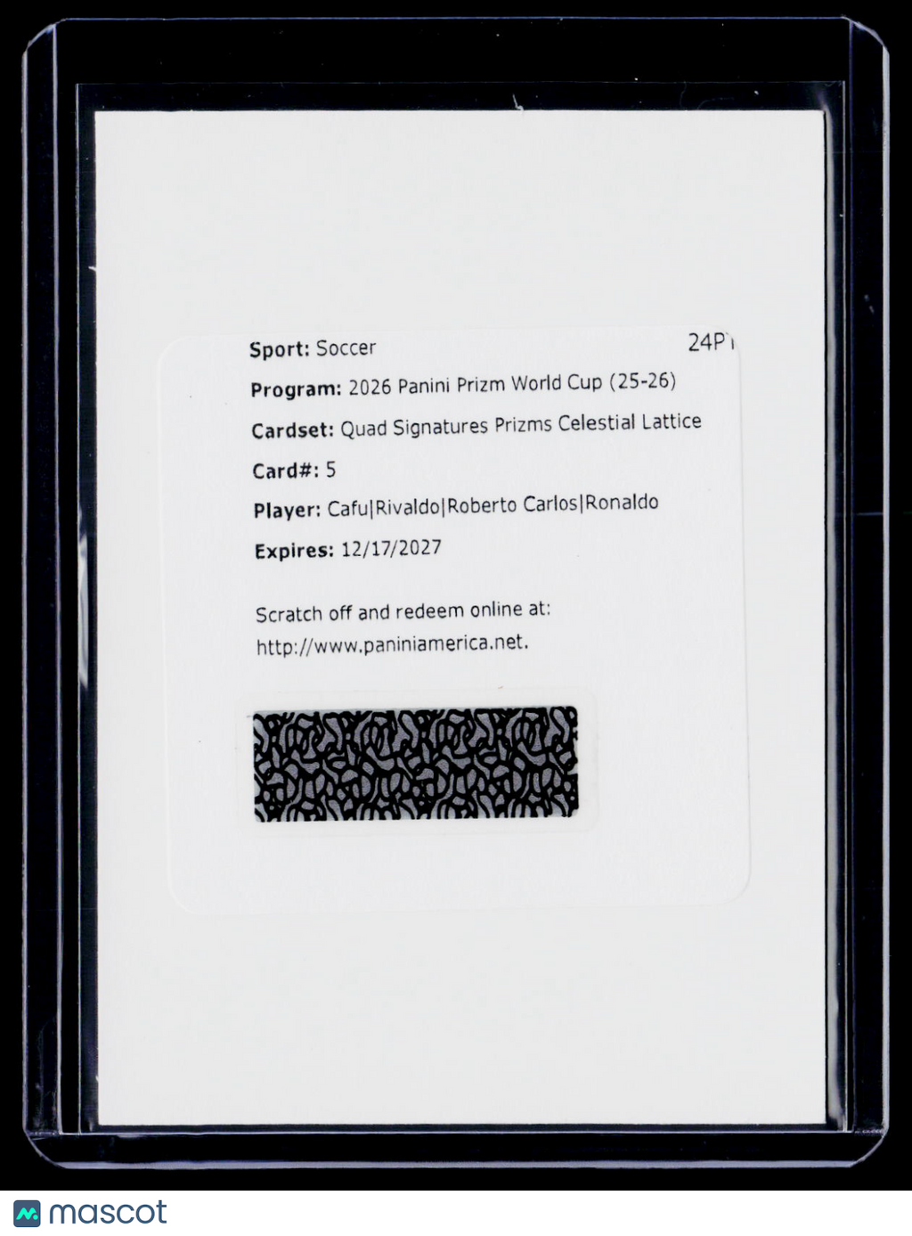 2026 Prizm World Cup Cafu/Rivaldo/Roberto Carlos/Ronaldo Quad Auto Celestial Lattice