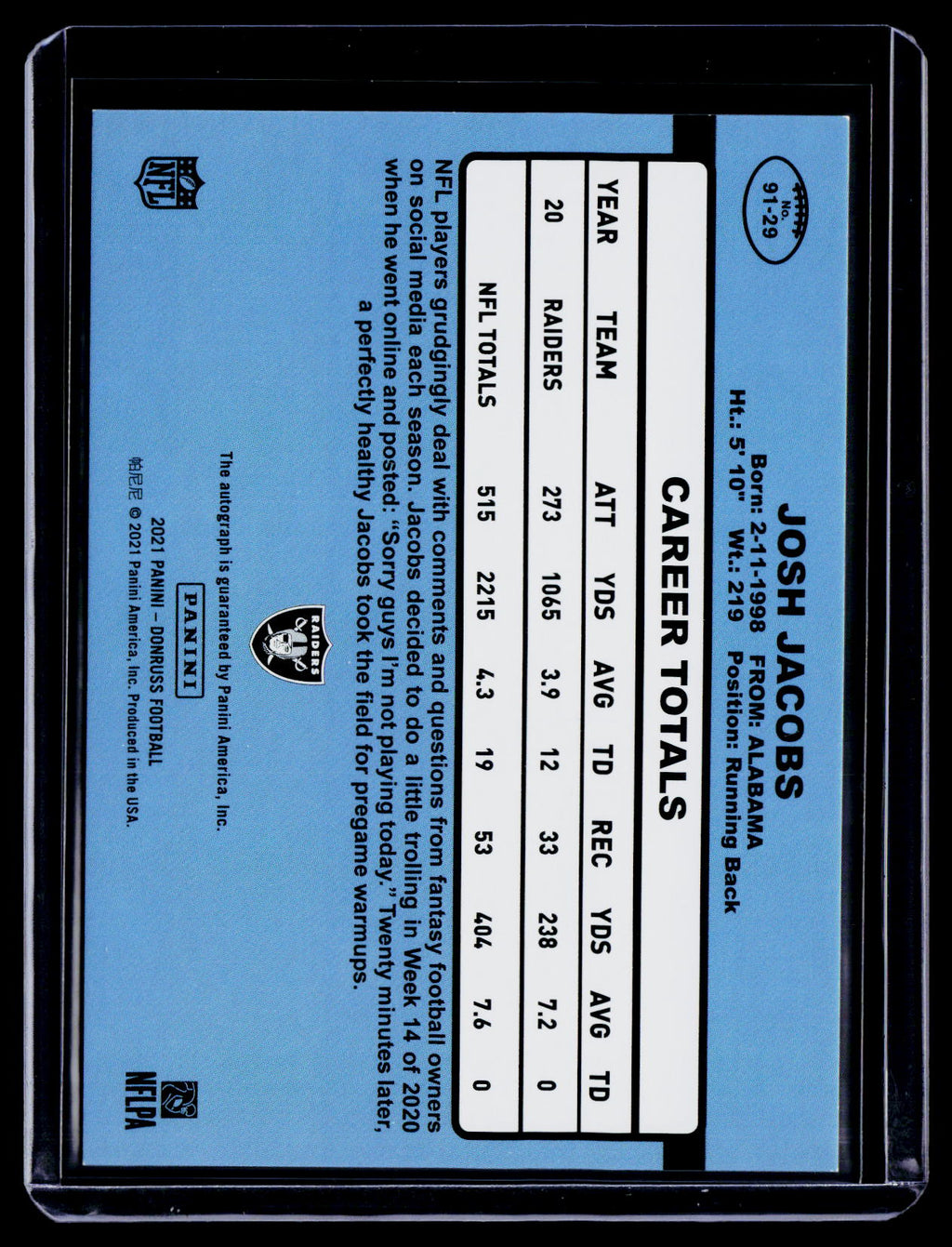 2021 Donruss Josh Jacobs Blue Auto 20/25