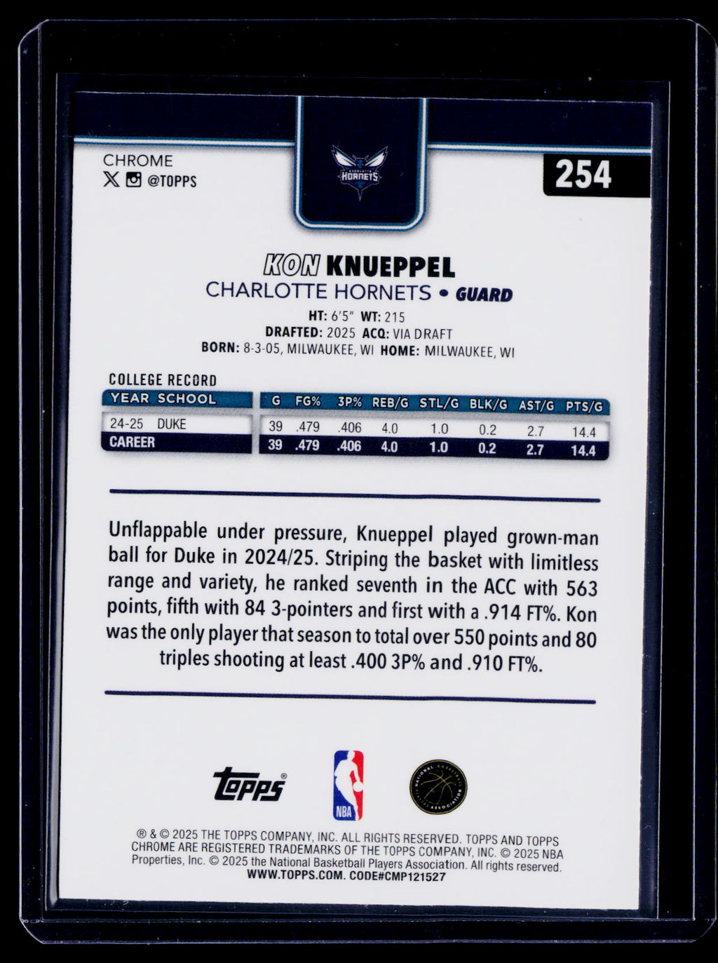 2025 Topps Chrome Kon Knueppel Rookie Aqua Refractor 89/299 RC