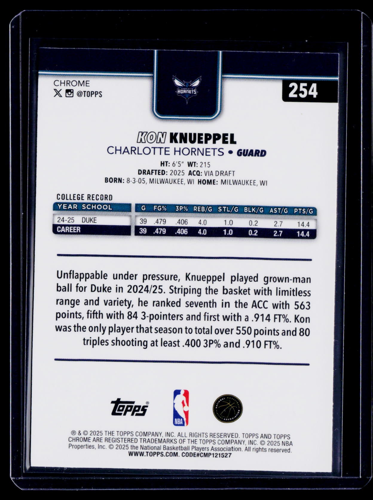 2025 Topps Chrome Kon Knueppel Rookie Aqua Refractor 89/299 RC
