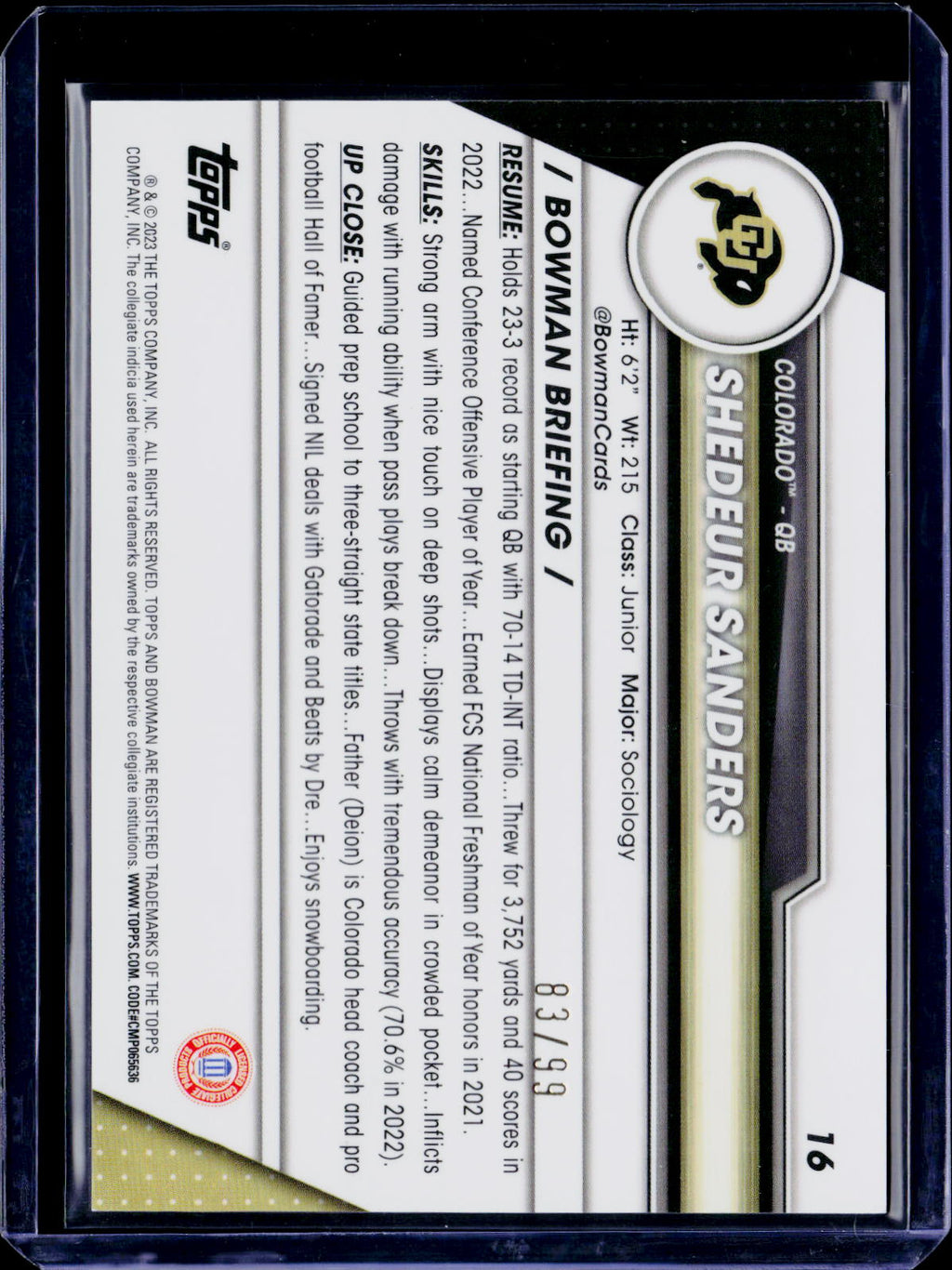 2023 Bowman U Chrome Shedeur Sanders 1st Green 83/99