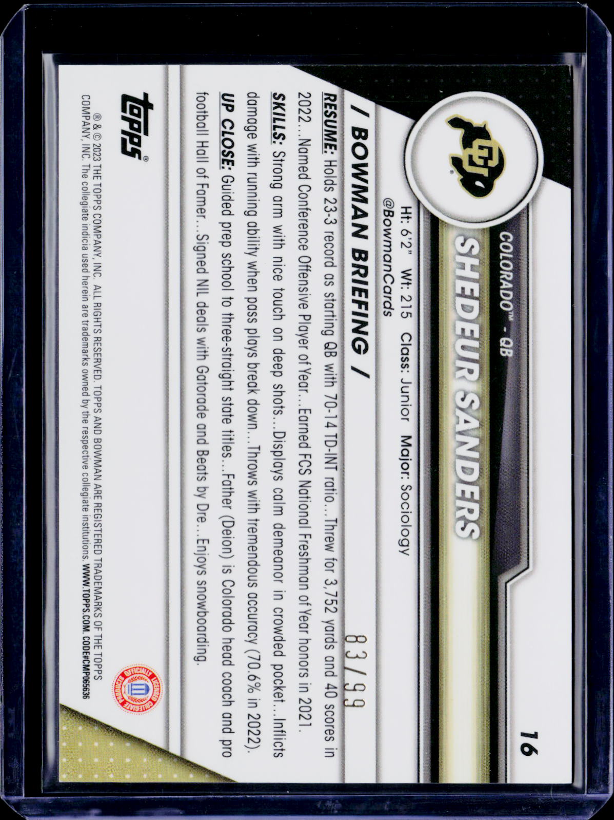 2023 Bowman U Chrome Shedeur Sanders 1st Green 83/99