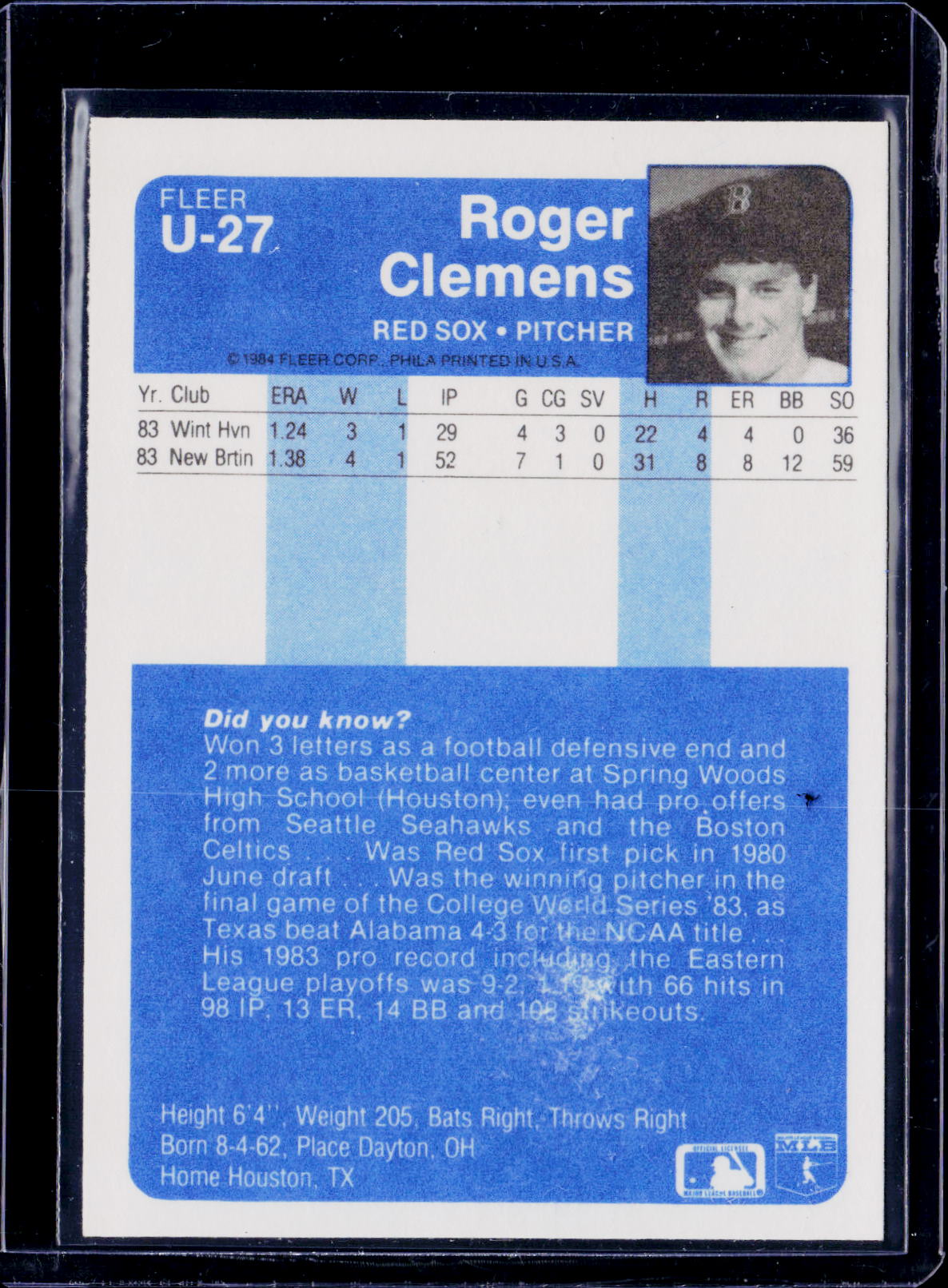 1984 Fleer Update Roger Clemens RC *Back Damage