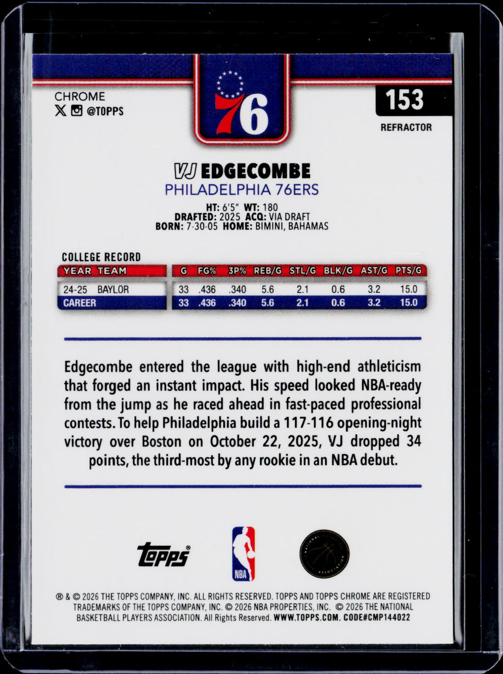 2025-26 Topps Chrome Update VJ Edgecombe Refractor