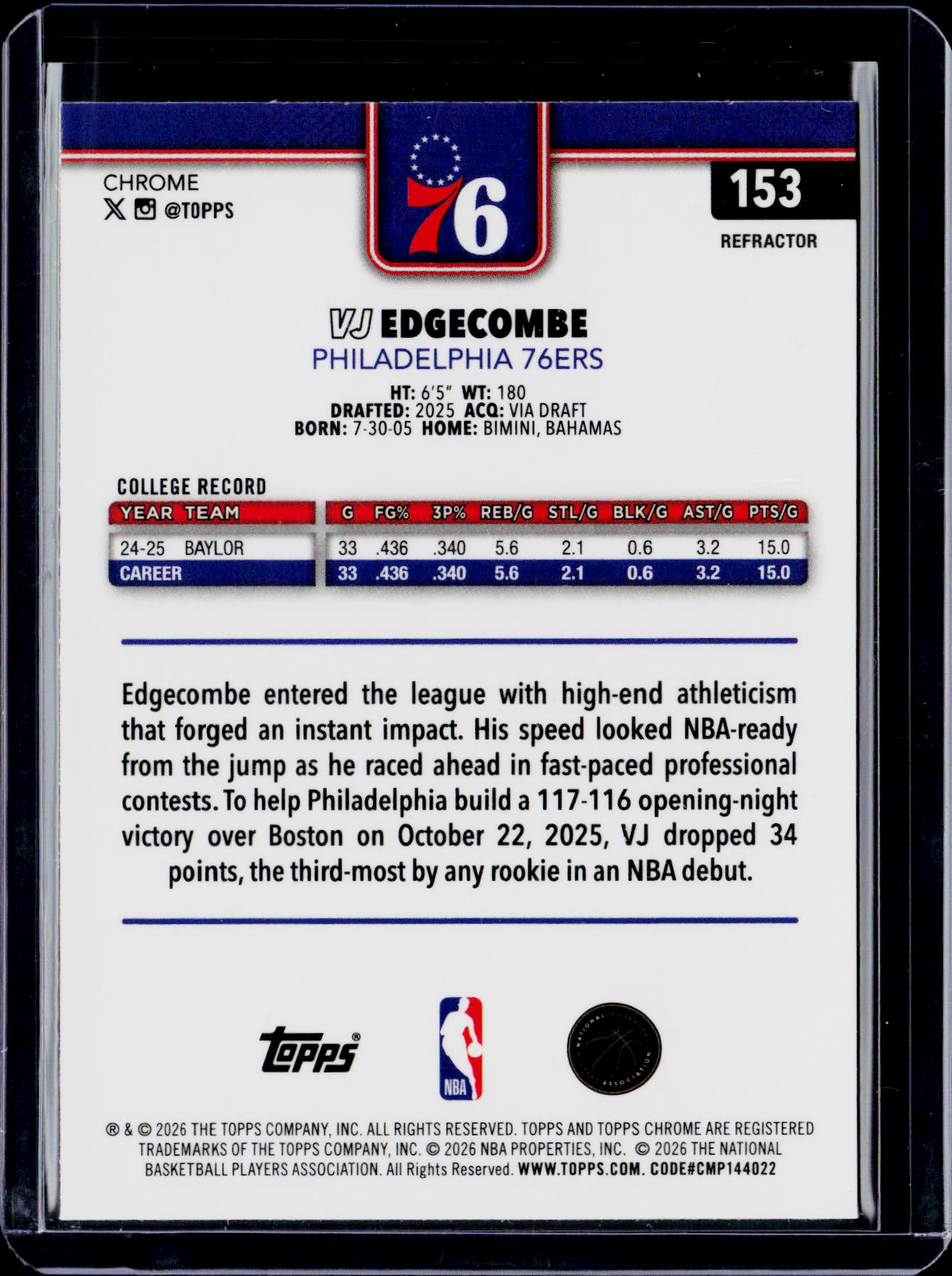 2025-26 Topps Chrome Update VJ Edgecombe Refractor