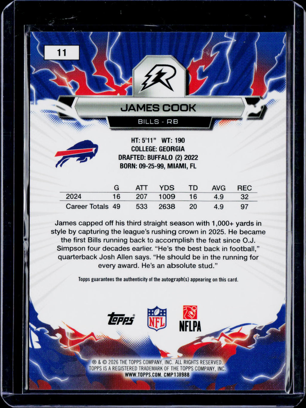 2025 Topps Resurgence James Cook Lime Green Power Surge Auto 05/15
