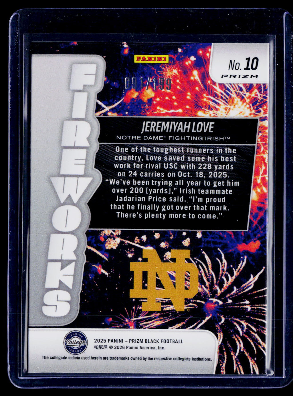 2025 Prizm Black Jeremiyah Love Blue Prizm Fireworks 91/199