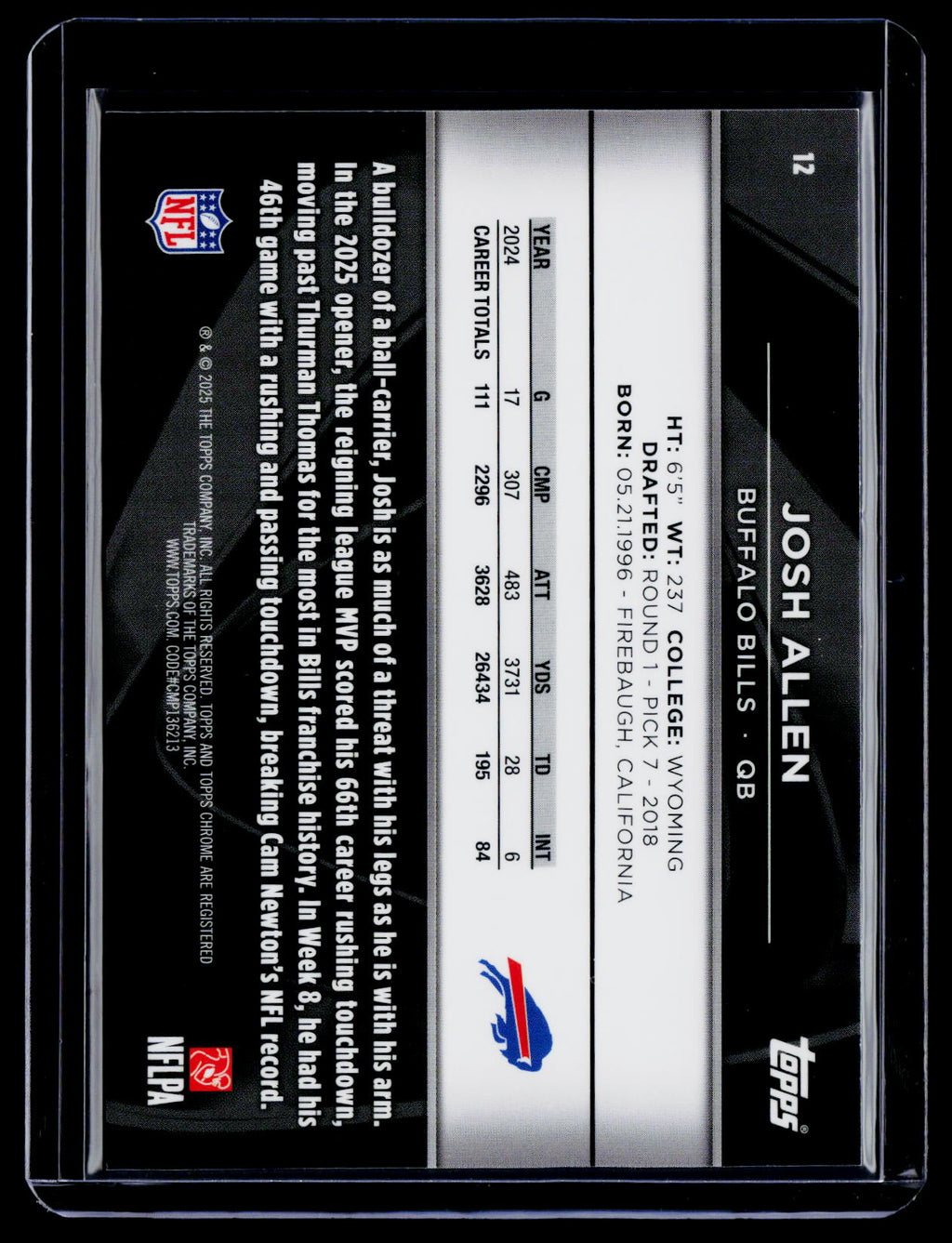 2025 Topps Chrome Black Josh Allen Blue Wave Refractor 150/150