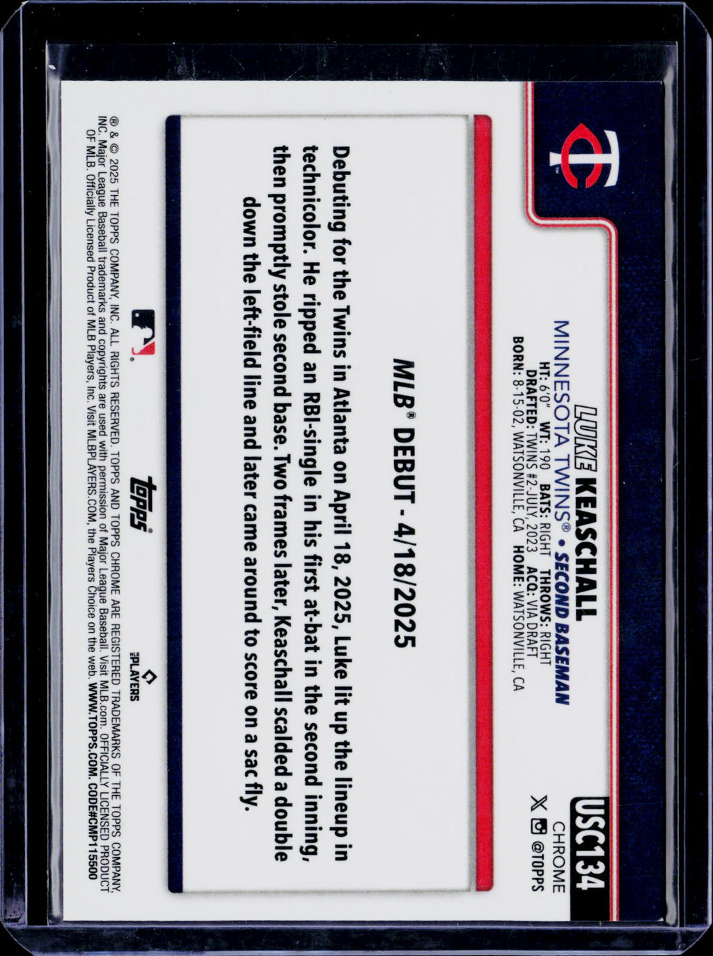 2025 Topps Chrome Update Sapphire Luke Keaschall Rookie Gold 13/50 RC