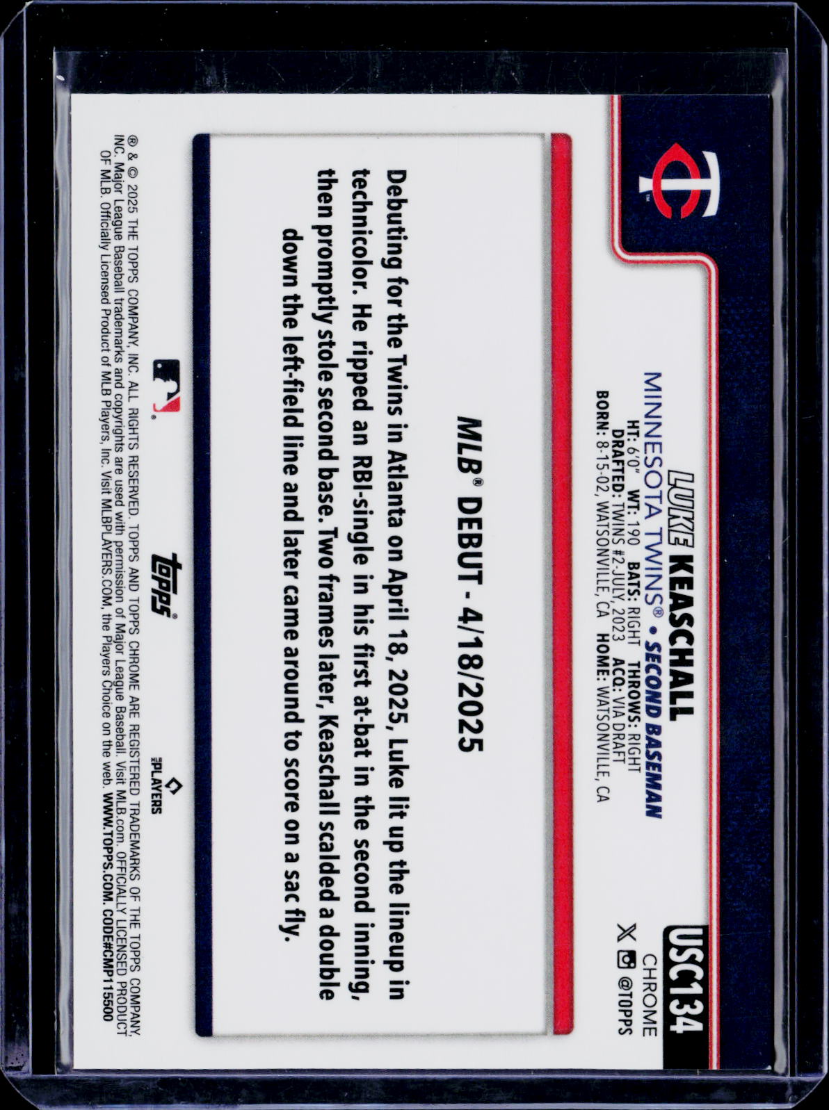 2025 Topps Chrome Update Sapphire Luke Keaschall Rookie Gold 13/50 RC