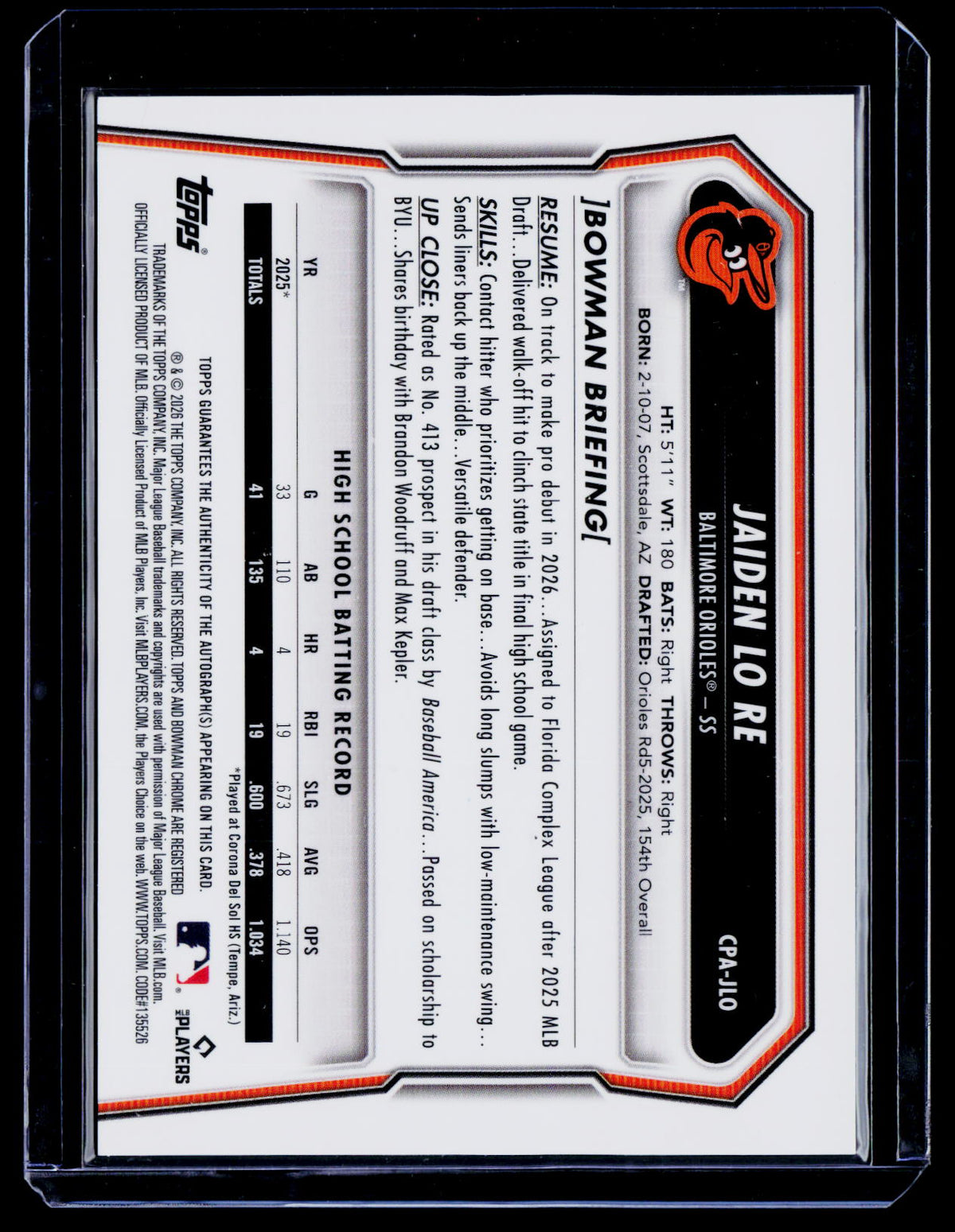 2026 Bowman Chrome Jaiden Lo Re First Bowman Auto