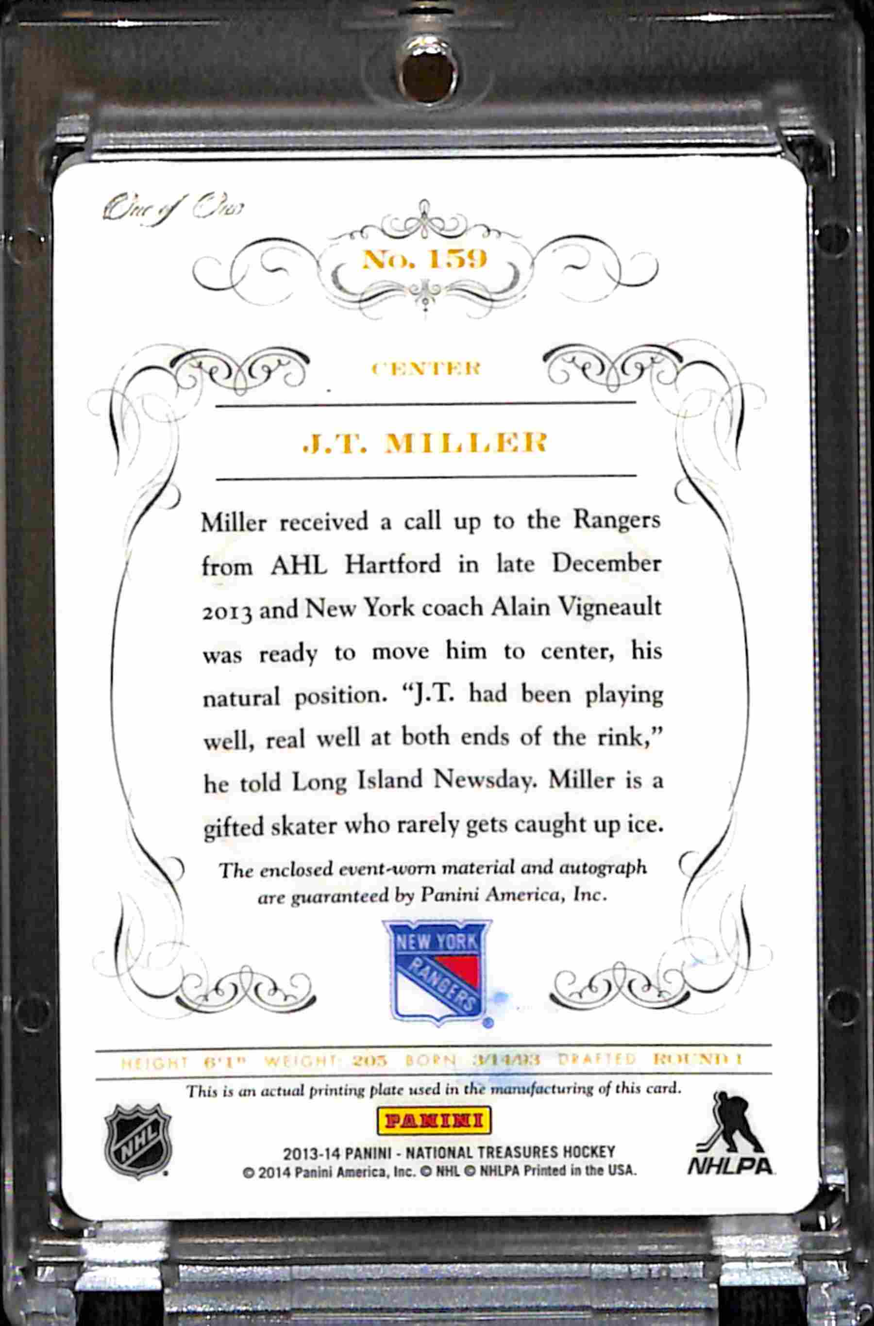 2013 National Treasures J.T. Miller RPA 1/1 Printing Plate Auto RC