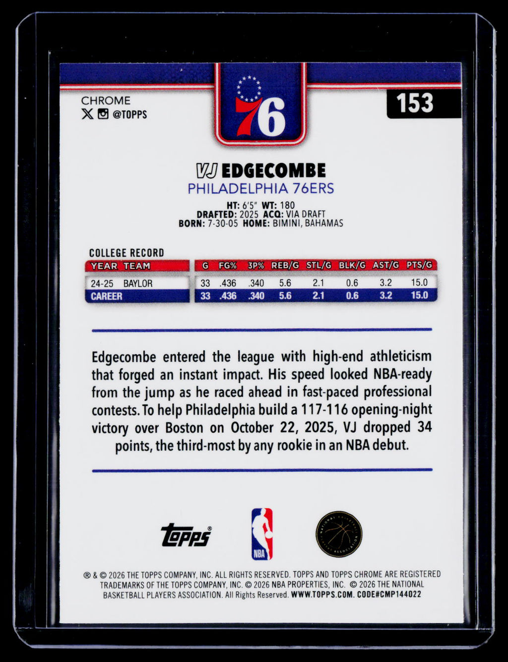 2025 Topps Chrome Update VJ Edgecombe Rookie Ray Wave RC