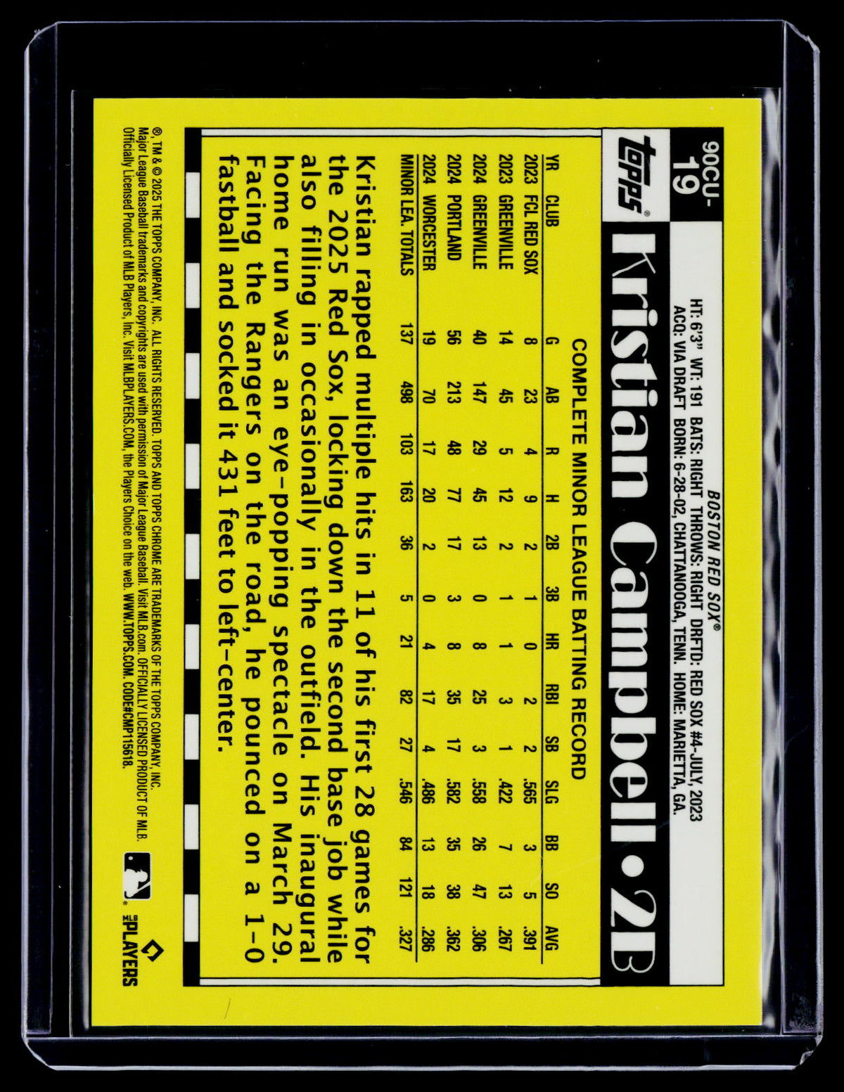 2025 Topps Chrome Kristian Campbell Rookie Black 1990 3/10 RC