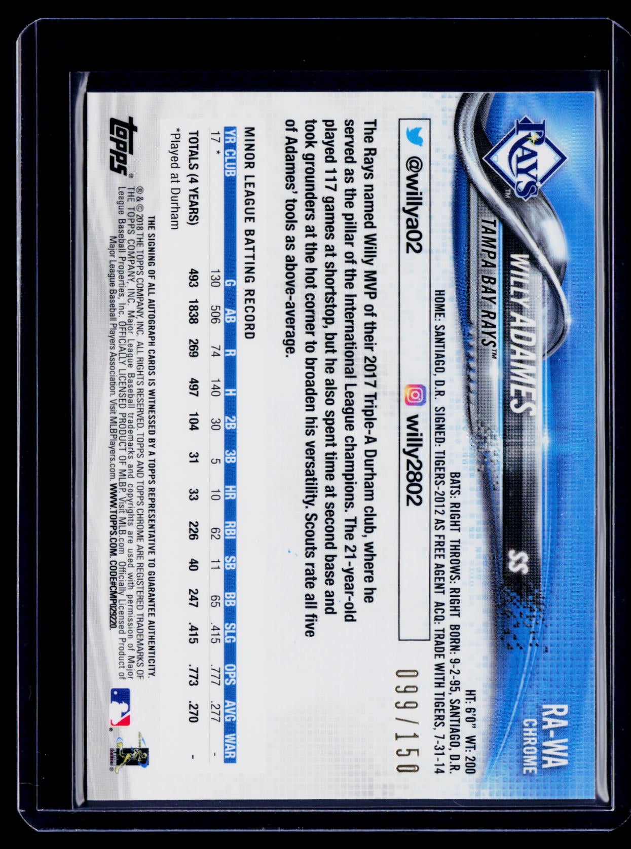 2018 Topps Chrome Willy Adames Rookie Blue Wave Auto 99/150 RC