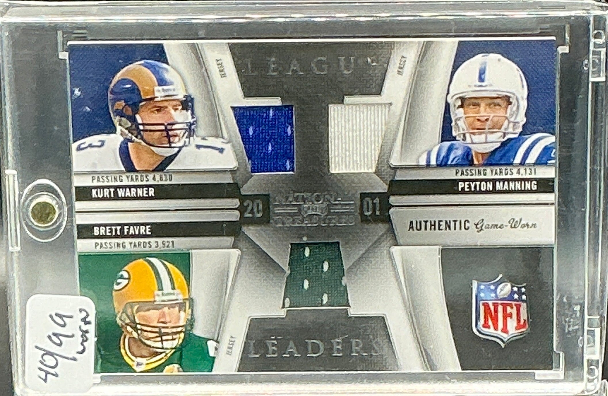 2001 National Treasures Kurt Warner, Peyton Manning, Brett Farve Triple Game Worn Patch 40/99