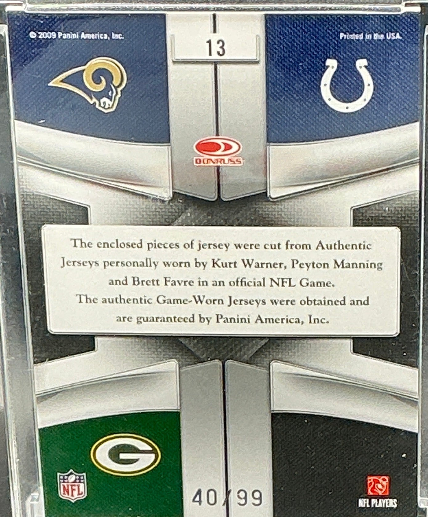 2001 National Treasures Kurt Warner, Peyton Manning, Brett Farve Triple Game Worn Patch 40/99