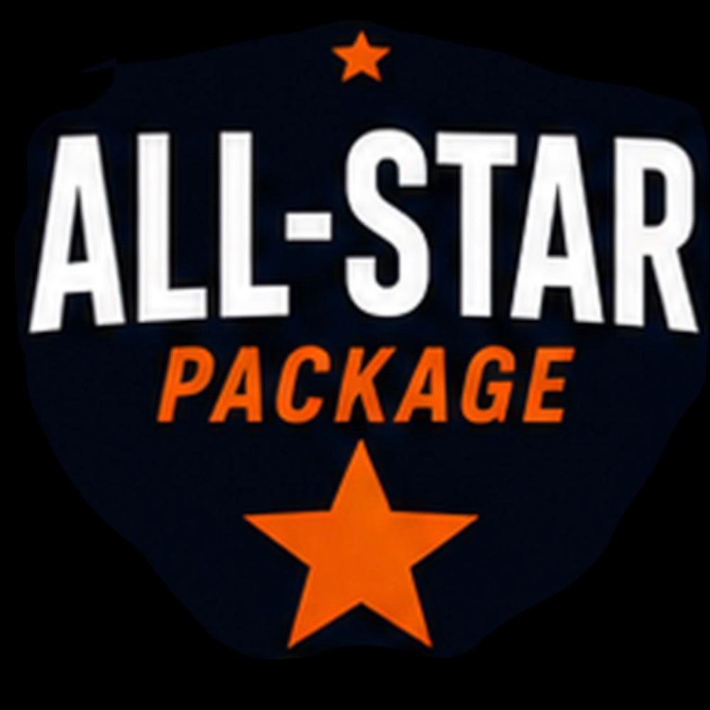 Logo with 'All-Star Package' text and orange stars on a dark background