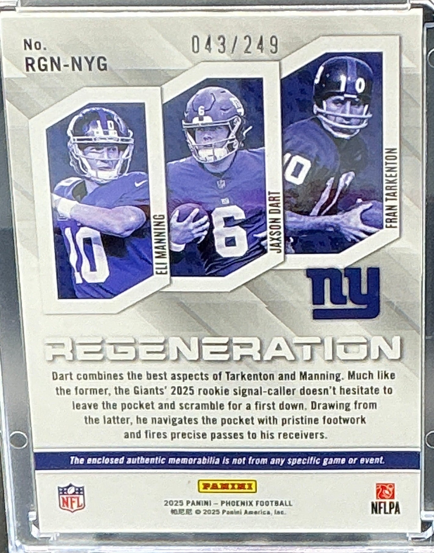 2025 Panini Regeneration Eli Manning, Jaxson Dart, Fran Tarkenton Phoenix Triple Patch 43/249
