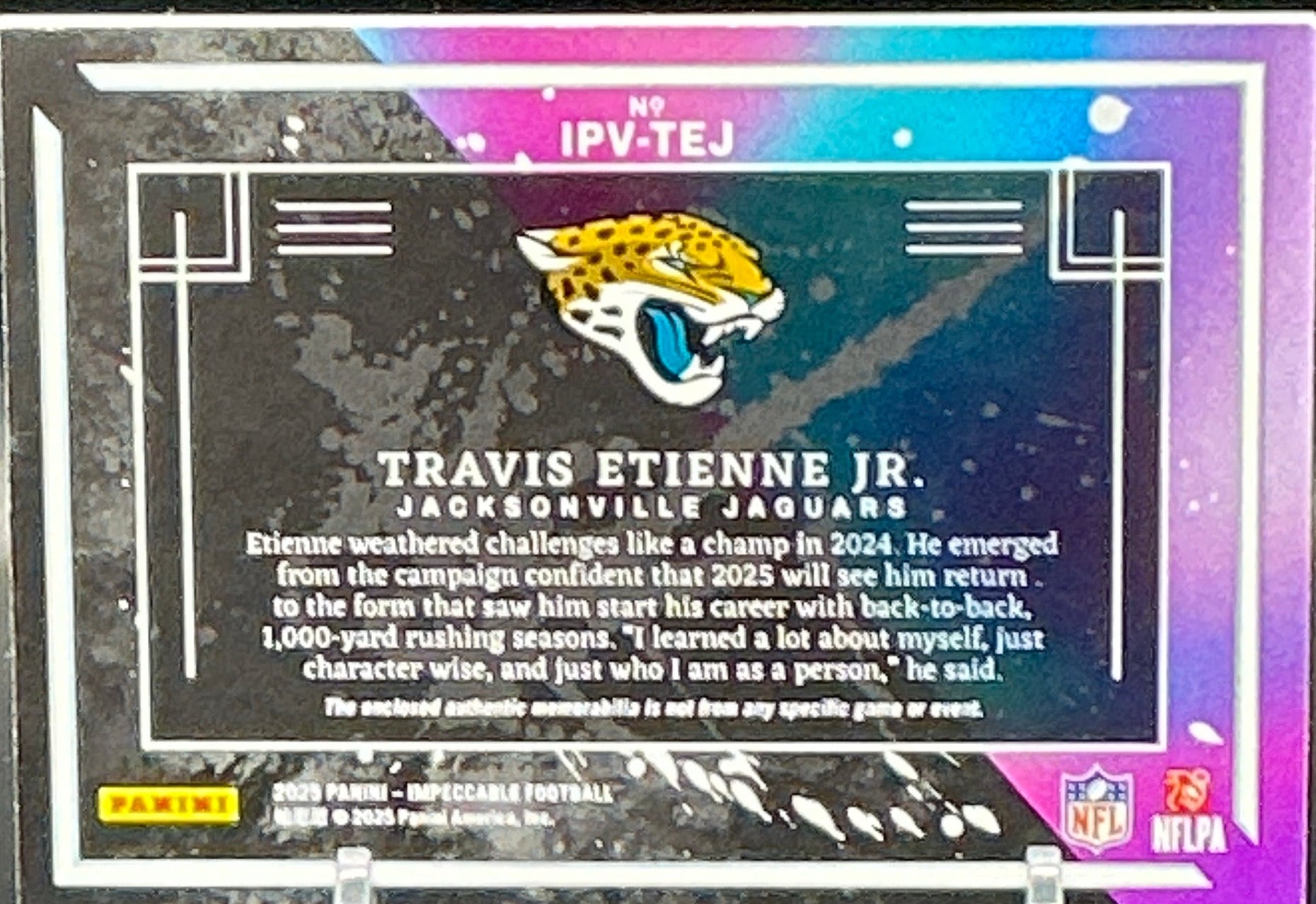 2025 Impeccable Travis Etienne Jr. Game Worn Patch 14/25