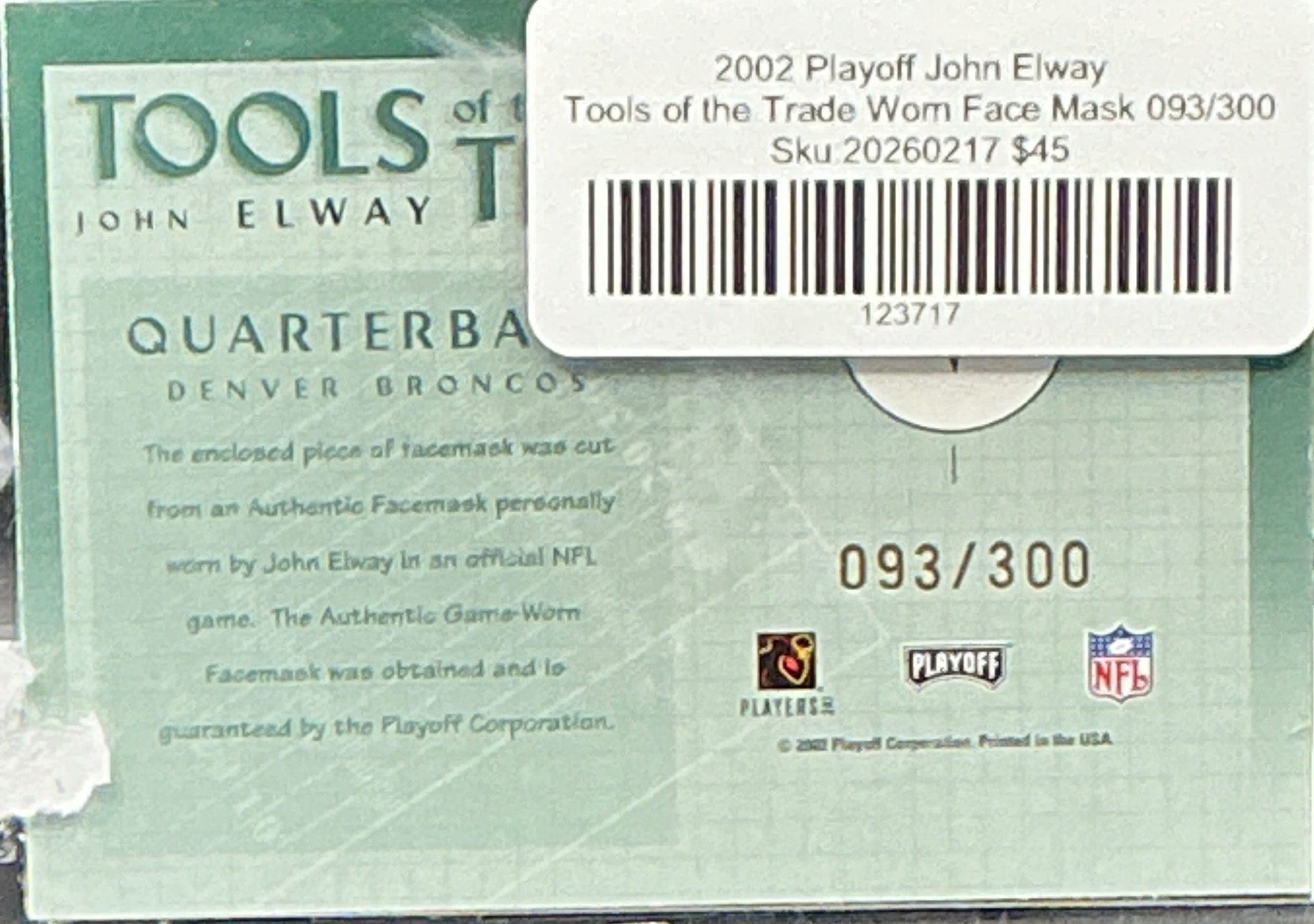 2002 Playoff John Elway Tools of the Trade Worn Face Mask 093/300