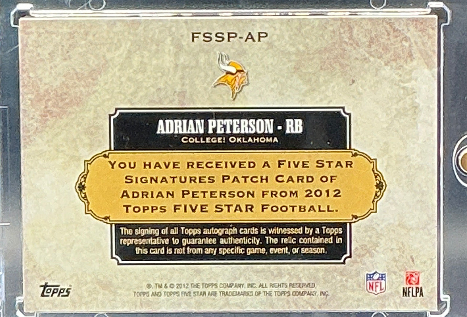 2012 The Topps Adrian Peterson Player Worn Patch on Card Auto 43/75