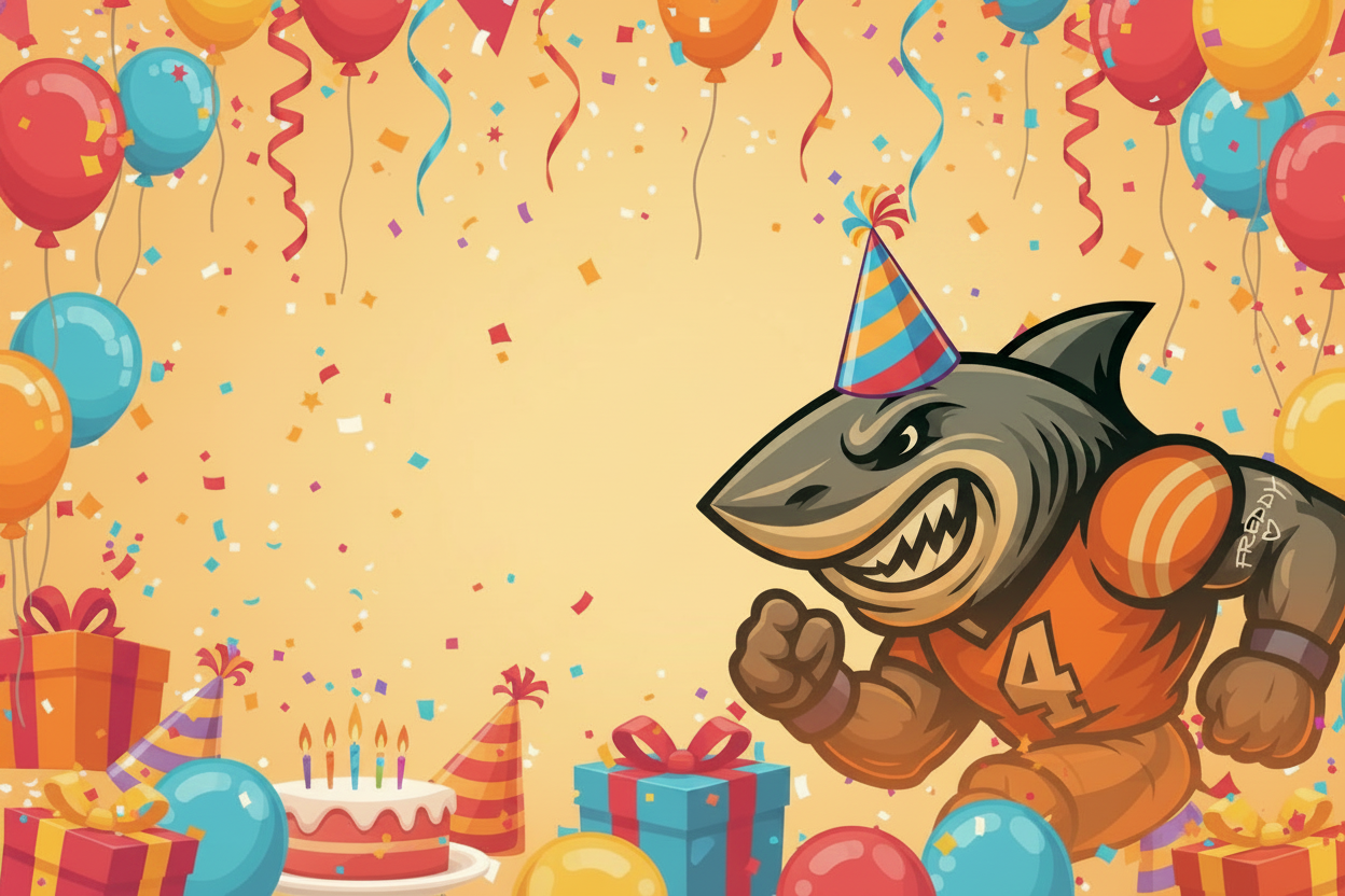 Shark character in an orange jersey surrounded by birthday decorations