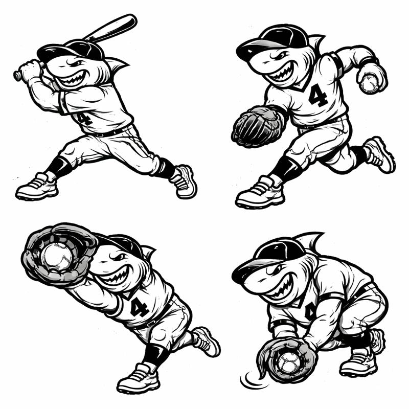 Set of four black and white illustrations of a shark baseball player in different poses.