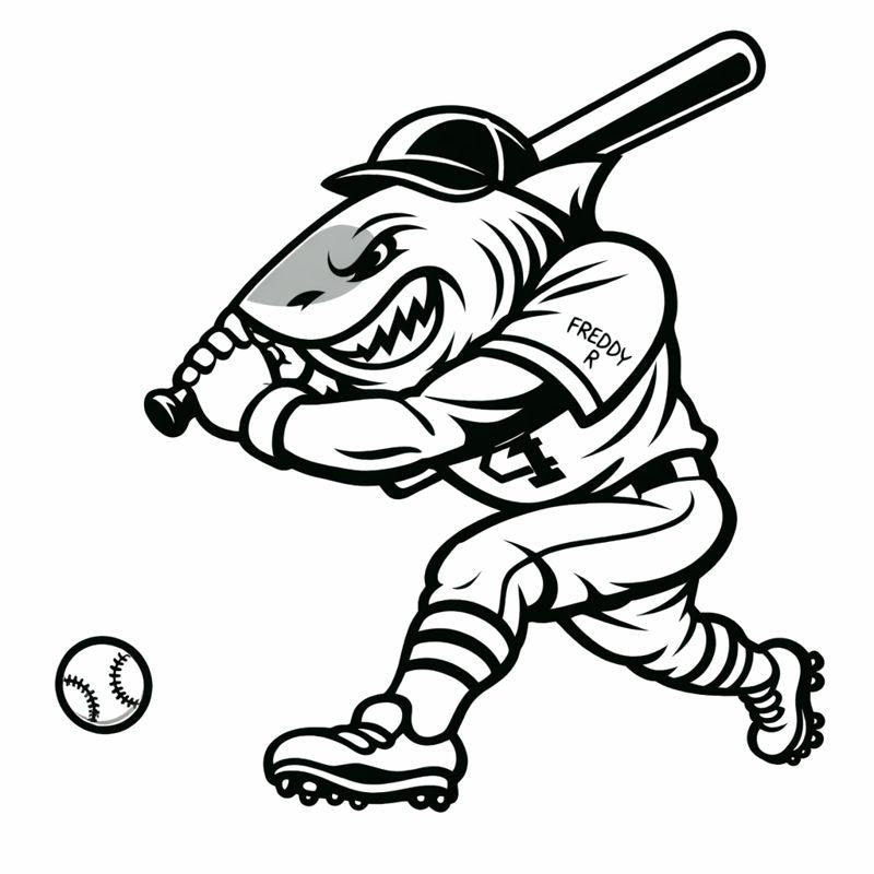 Black and white illustration of a shark batting a baseball.