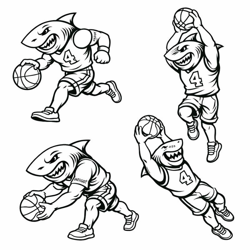 Four black and white illustrations of a shark playing basketball.