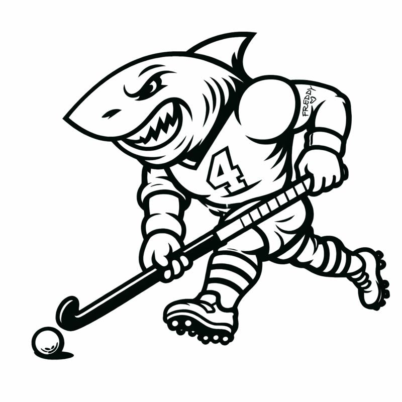 Black and white illustration of a shark playing field hockey.