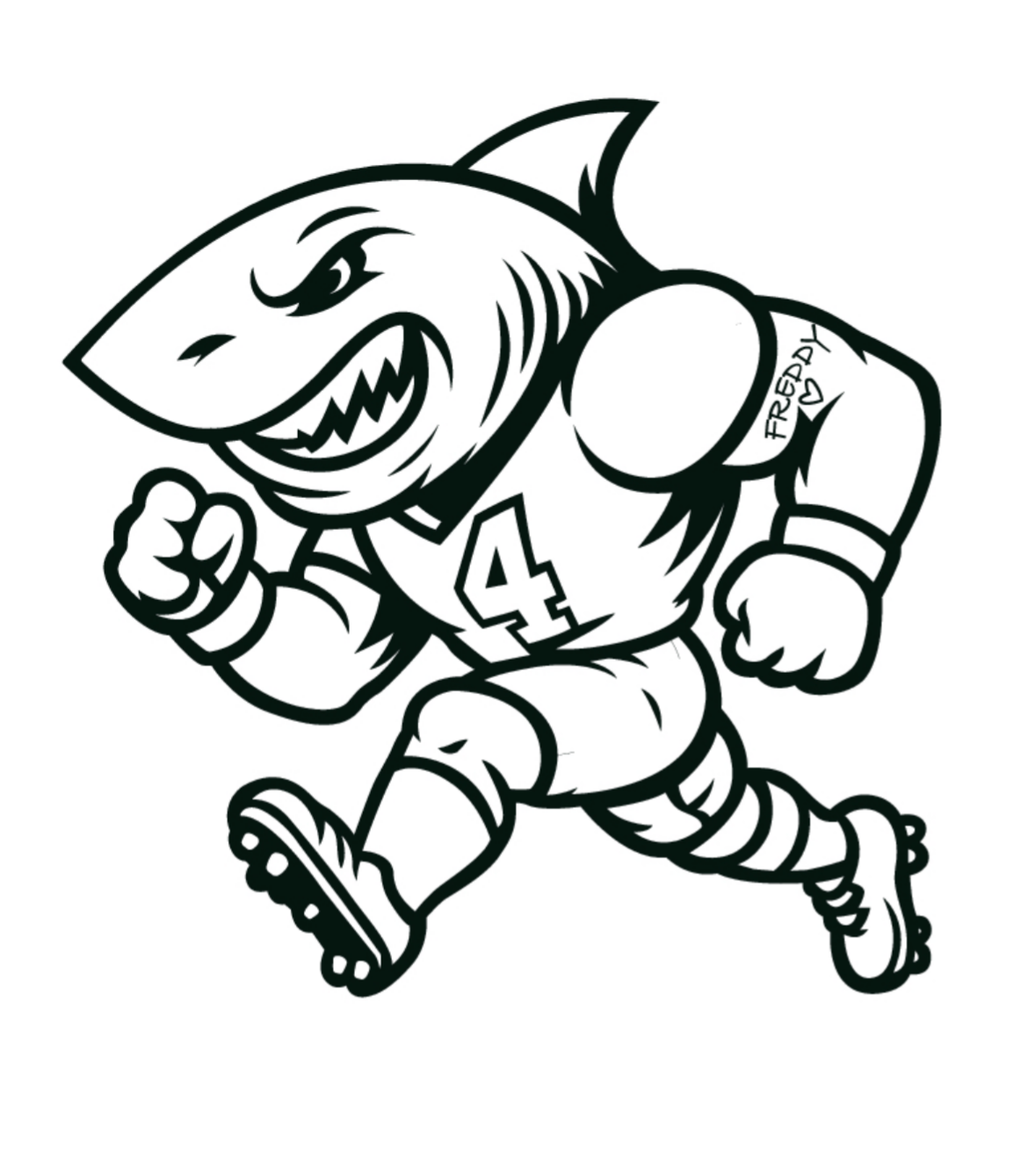 Cartoon shark in a football uniform running