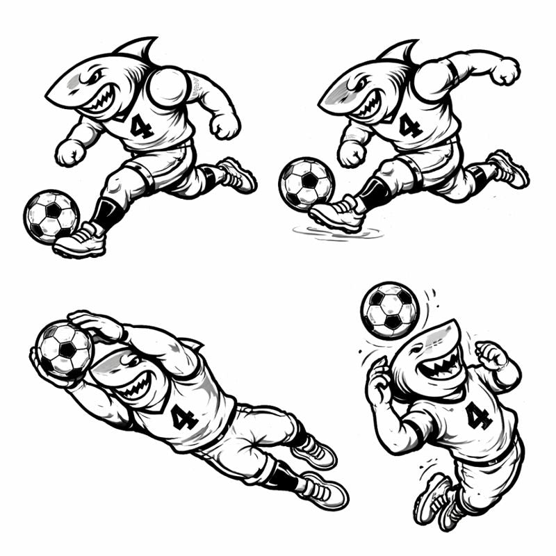 Four black and white illustrations of a shark playing soccer.