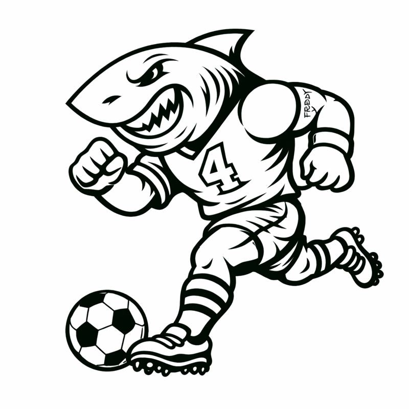 Black and white illustration of a shark playing soccer