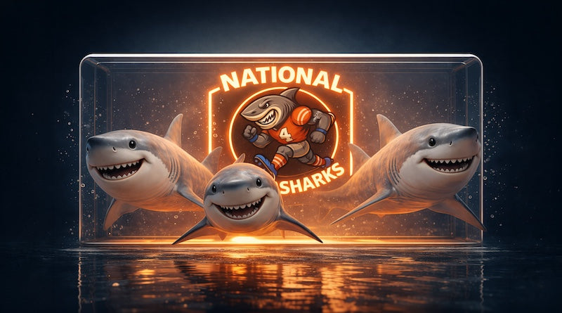 Three cartoon sharks in front of a 'National Card Sharks' sign