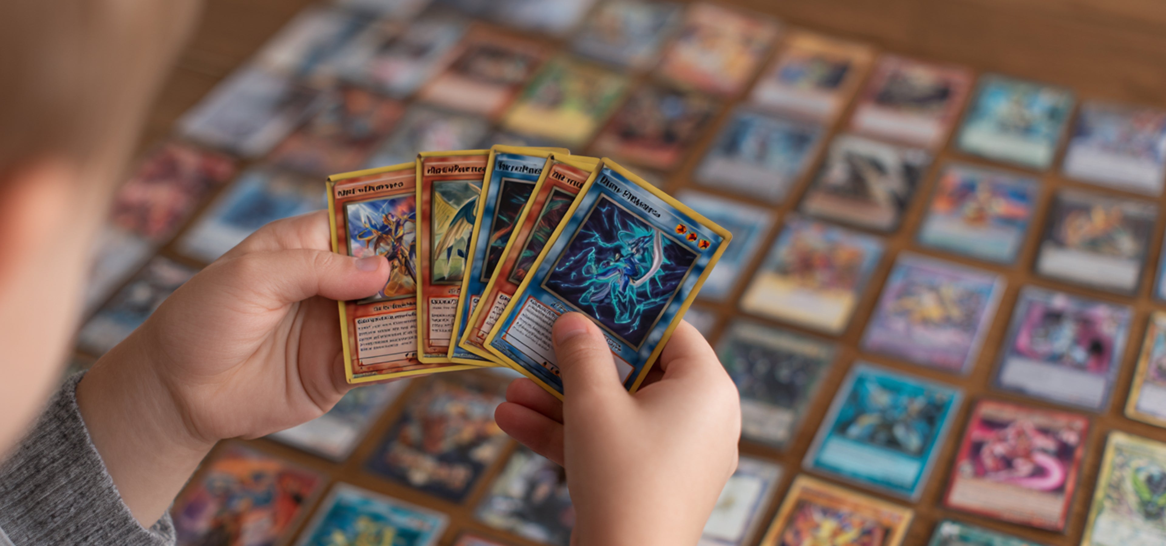 Child holding trading cards with a collection of trading cards in the background