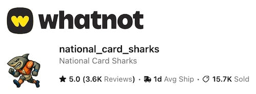 Whatnot platform profile for 'national_card_sharks' with a cartoon character icon.