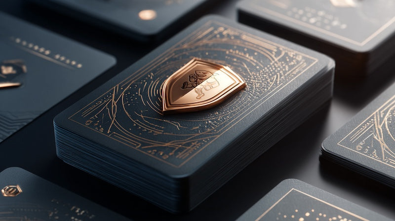 Stack of dark blue cards with gold embossed designs and a gold seal with engraved Freddy