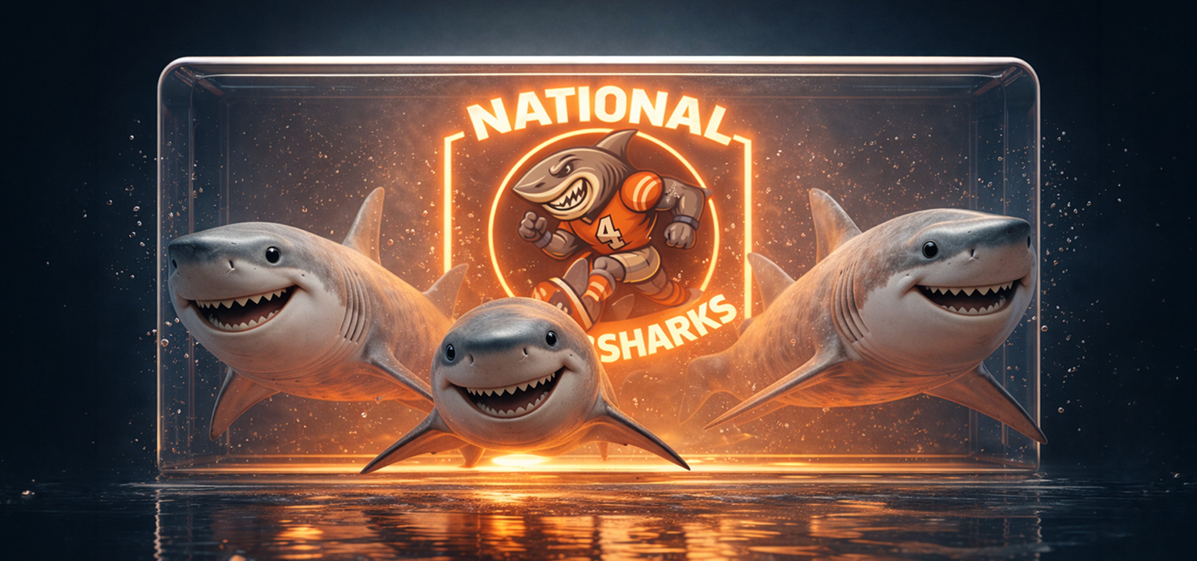 Three sharks in a transparent box with 'National Card Sharks' logo on a dark background
