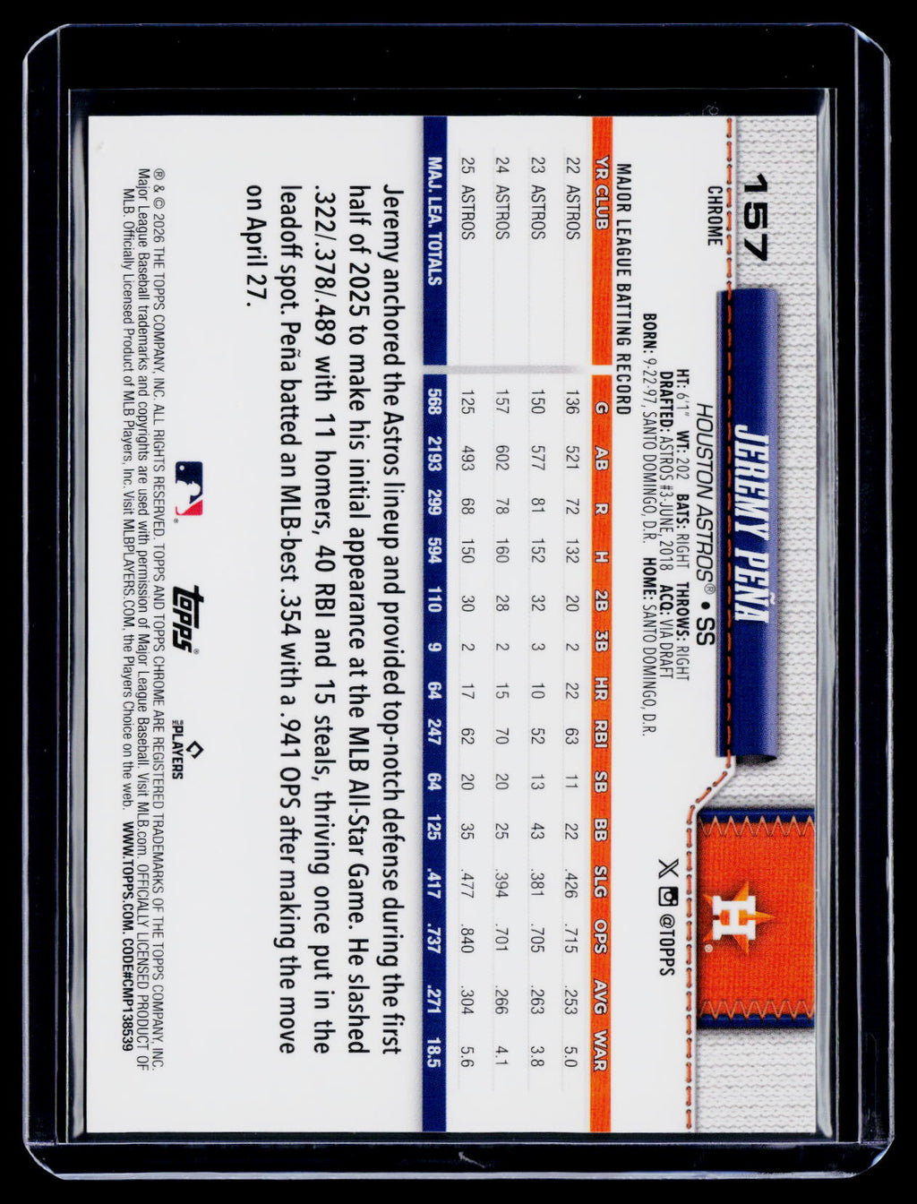 2026 Topps Chrome Jeremy Pena Orange Refractor 20/25