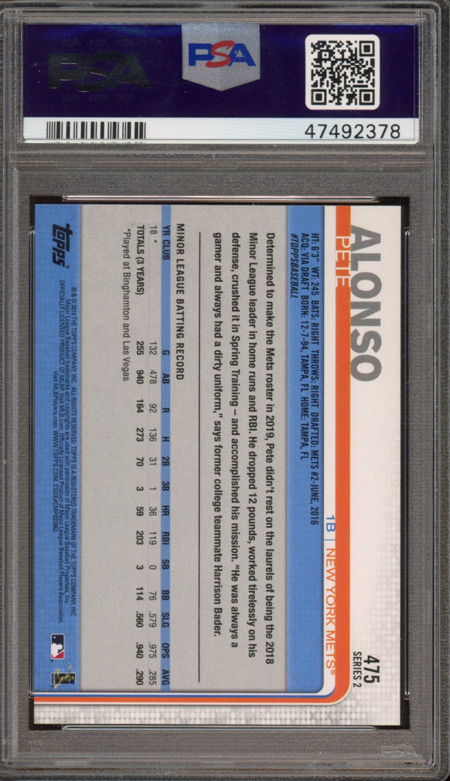 2019 Topps Pete Alonso Rookie PSA 10 RC