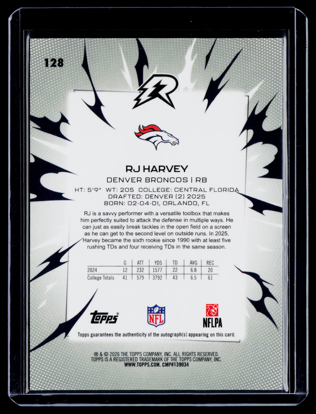2025 Topps Resurgence RJ Harvey Rookie Gold Static Auto 13/50 RC