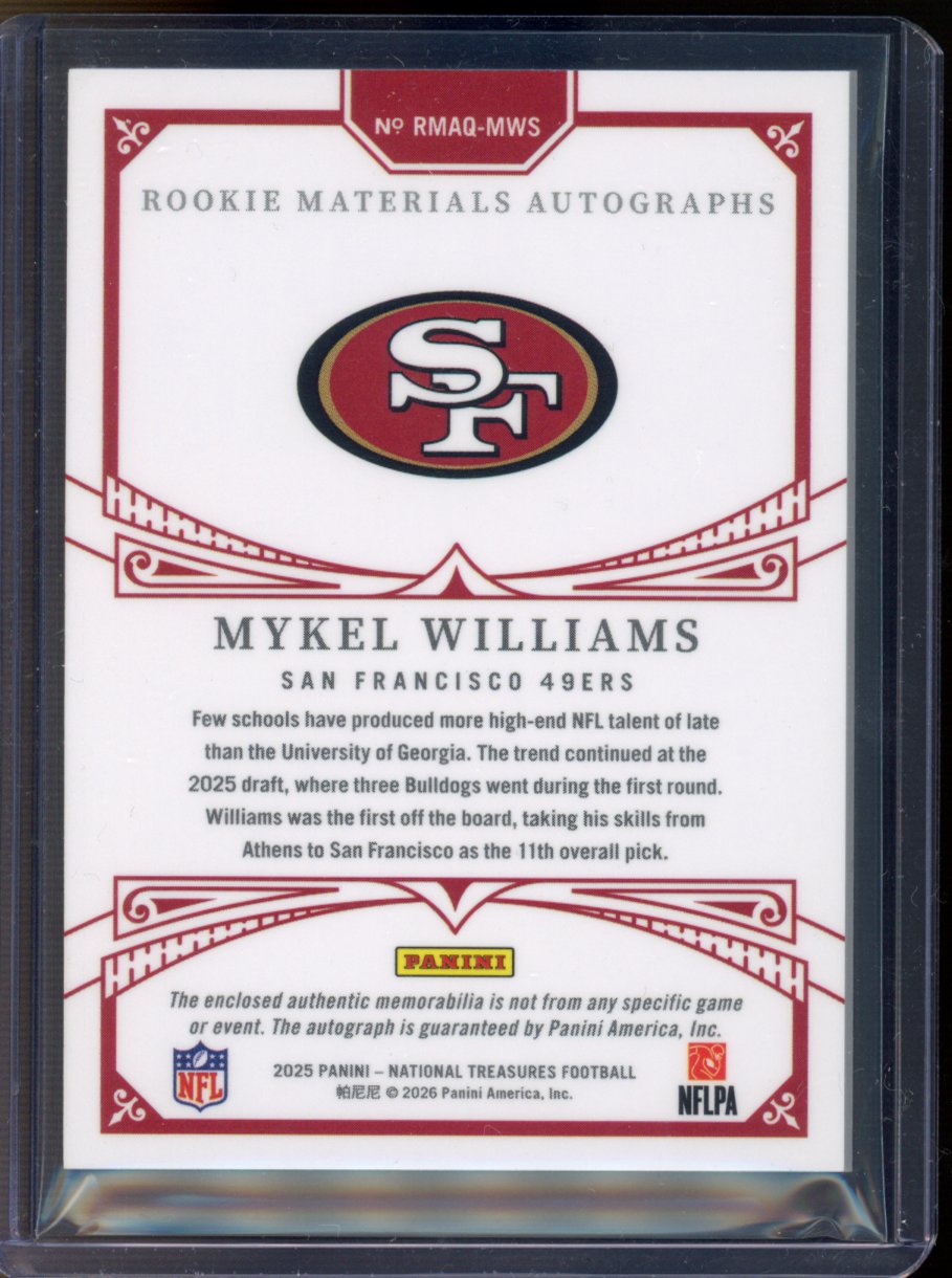 2025 Panini National Treasures Mykel Williams Rookie RPA Quad Laundry Tag 1/1 RC